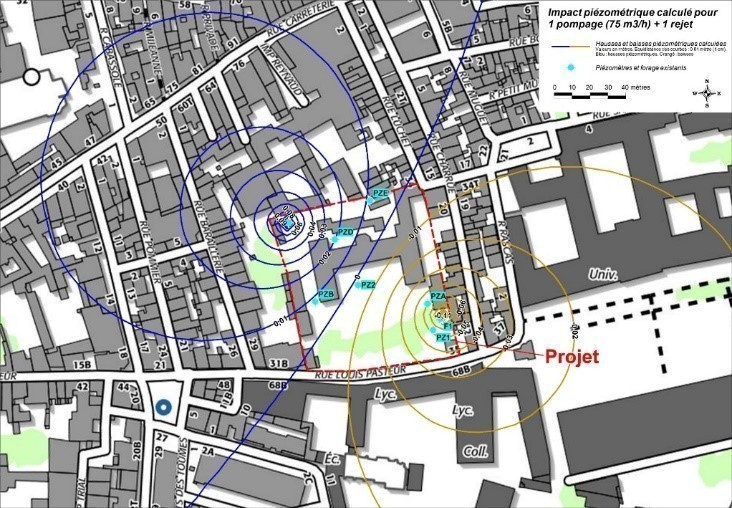 Impact piézométrique calculé sur site Pasteur